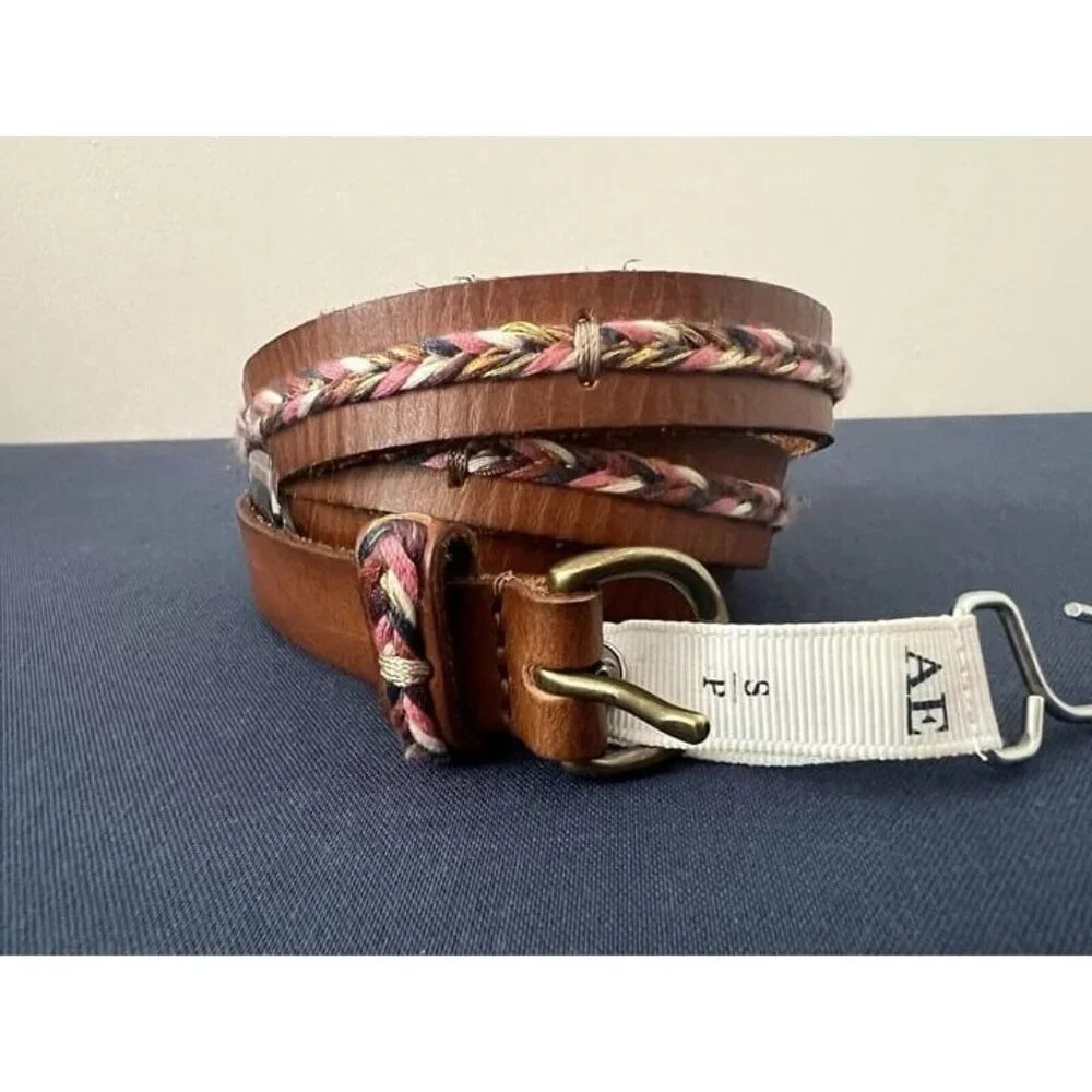 NWT AMERICAN EAGLE AE SM Skinny Brown Leather Belt Pink White Braid Boho Western